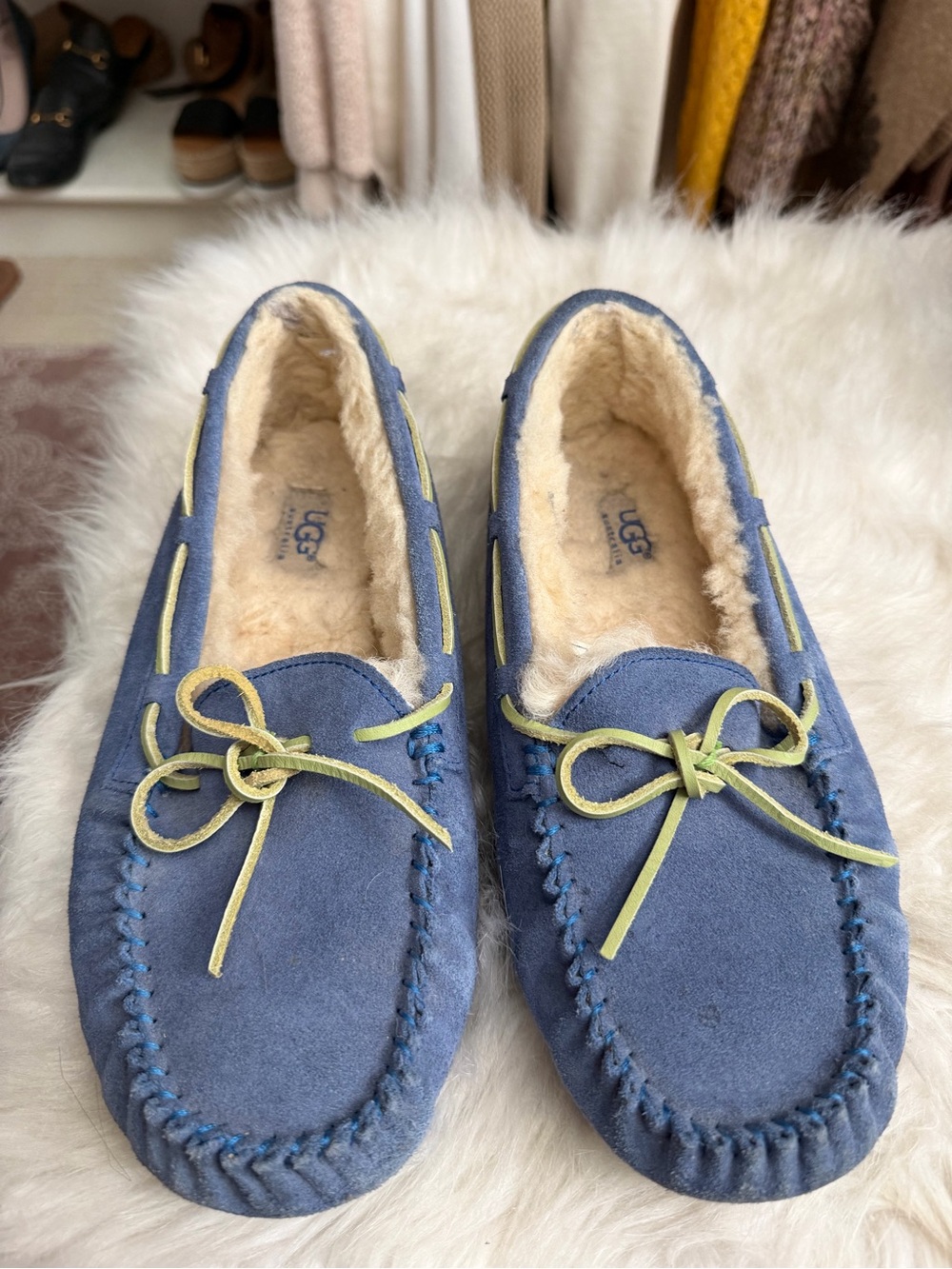 UGG Blue Suede Moccasins with Light Green Laces